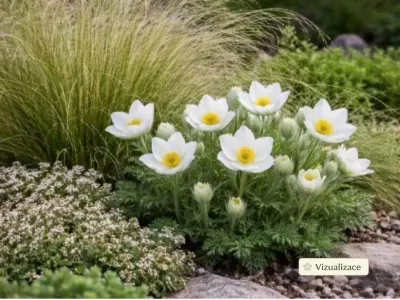 VIZUALIZACE - Koniklec bílý v kombinaci s jemnými okrasnými trávami a nízkými skalničkami vytváří přirozený jarní záhon vhodný pro slunná a sušší místa