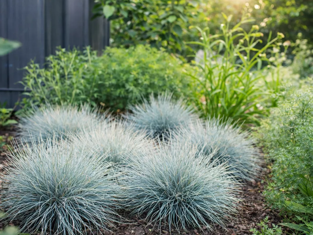 kostřava sivá ve skupině v trvalkovém záhoně
