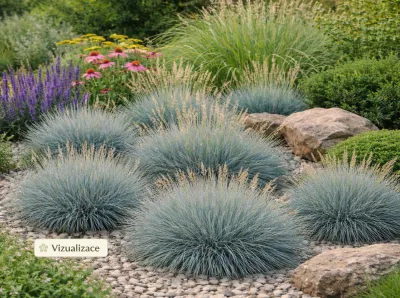 VIZUALIZACE: kostřava sivá, třapatka, rozarazil, zlatobýl, traviny a jehličnany