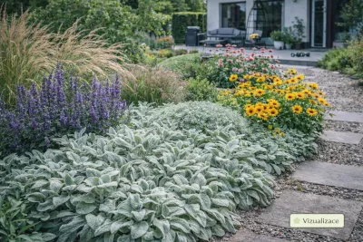 sazenice trvalky čistce vlnatého / stachys bysantina sazenice-kvetin.cz Čistec vlnatý jako stříbřitá půdopokryvná trvalka podél zahradního chodníku v kombinaci se šalvějí, třapatkami a okrasnou trávou.