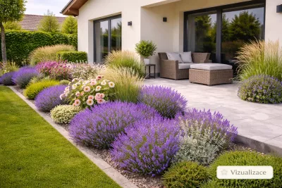 sazenice trvalky levandule lékařská úzkolistá 'Munstead Dwarf' sazenice-kvetin.cz VIZUALIZACE: levandule, růže, santolina, ozdobnice čínská