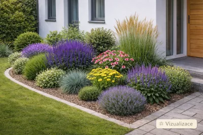 sazenice trvalky levandule lékařská úzkolistá 'Munstead Dwarf' sazenice-kvetin.cz VIZUALIZACE: levandule, šalvěj hajní, kostřava sivá, třtina ostrokvětá