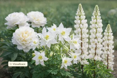 VIZUALIZACE: orlíček bílý spolu s pivoňkou a bílou lupinou
