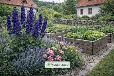 VIZUALIZACE: ostrožka, růže, nepeta, řebříček žlutý aj.