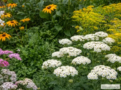 VIZUALIZACE: Kombinace bílého řebříčku The Pearl, žluté třapatky srstnaté, zlatobýlu a růžového řebříčku působí plně, živě a velmi přirozeně