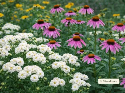 VIZUALIZACE: Kombinace bílého řebříčku, růžové třapatky a žlutých třapatek srstnatých působí plně, živě a dodá zahradě barvu po celé léto