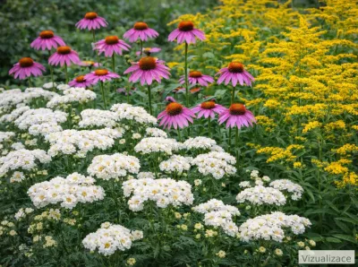 VIZUALIZACE: Kombinace bílého řebříčku, růžové třapatky a žlutého zlatobýlu působí plně, živě a dodá zahradě barvu po celé léto