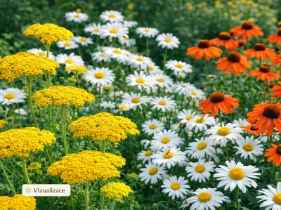 VIZUALIZACE: Masová výsadba řebříčku s třapatkami a kopretinami vytváří plný, veselý záhon, který vypadá krásně celé léto i bez plánování.
