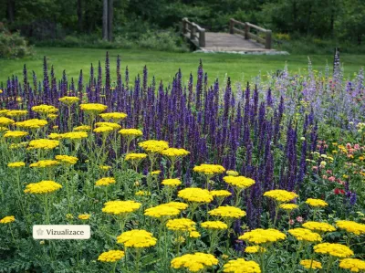 VIZUALIZACE: Vysoký řebříček ve větší skupině spolu se šalvěji hajní a jinými nenáročnými trvalkami