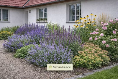 sazenice trvalky šanty velkokvěté 'Border Ballet' sazenice-kvetin.cz VIZUALIZACE: šanta, rozchodník, šalvěj, růže, třapatka, třtina ostrokvětá