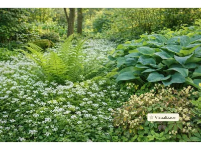 VIZUALIZACE: kapradí a bohyška zasazené do kvetoucího koberce mařinky vonné