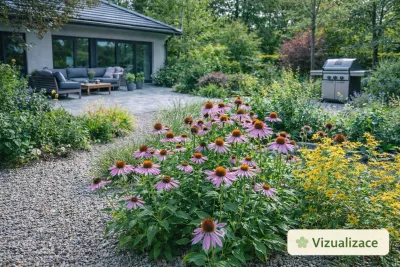 Třapatka nachová jako dominantní trvalka ve slunném štěrkovém záhonu u moderního domu s terasou a zahradním posezením.