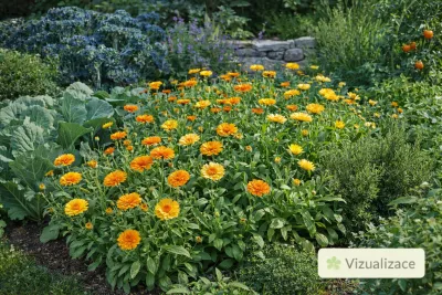 sazenice letničky měsíček lékařský / calendula officinalis sazenice-kvetin.cz VIZUALIZACE: měsíček lékařský v zeleninovém záhoně
