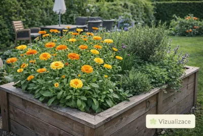 sazenice letničky měsíček lékařský / calendula officinalis sazenice-kvetin.cz VIZUALIZACE: měsíček lékařský v bylinkovém záhoně