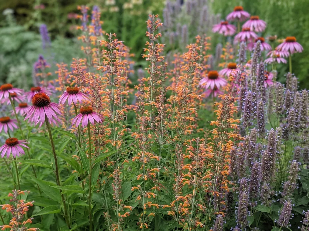 agastache Apache Sunset v květu spolu s třatkami,a agastache 