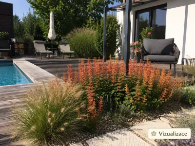 VIZUALIZACE: agastache a dochan ve výsadbě u terasy a bazénu