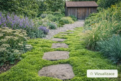 Detail hustého zeleného polštáře irského mechu (Sagina subulata) s drobnými bílými květy.