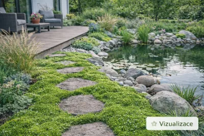 Irský mech vysazený mezi kamennými šlapáky jako nízká půdopokryvná trvalka.