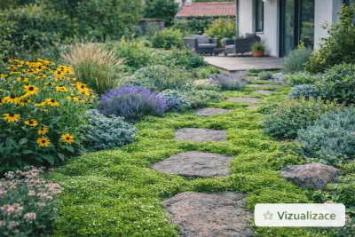 Irský mech tvořící hustý zelený koberec v moderní zahradní výsadbě.