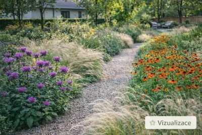 Zavinutka podvojná v kombinaci s třapatkami a okrasnými travinami podél štěrkové zahradní cestičky v soukromé zahradě u rodinného domu